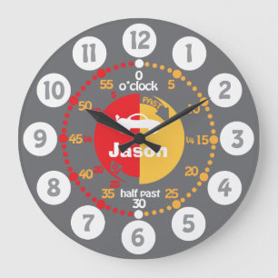 Learn to tell time grey red named boys car clock
