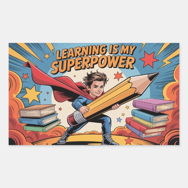 Learning Is My Superpower – Heroic School Rectangular Sticker (Front)