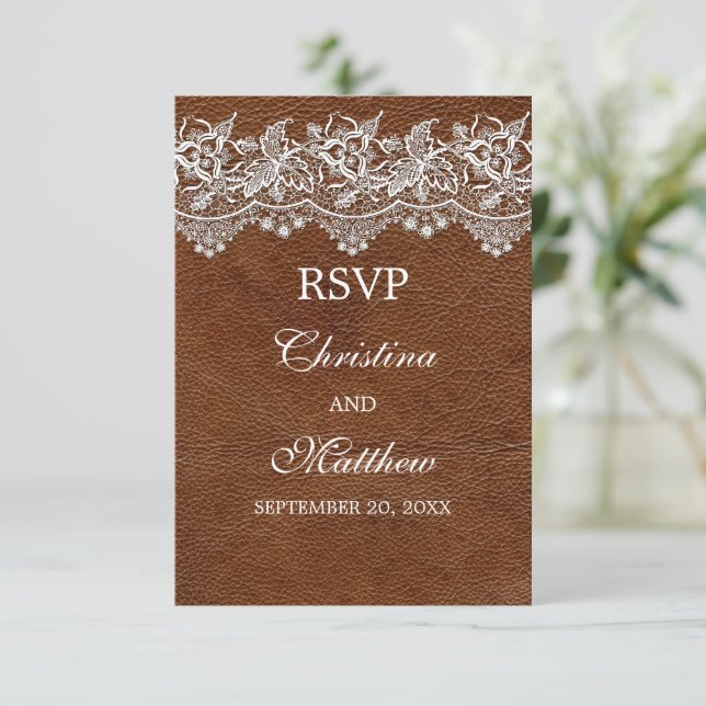 Leather and Lace Look Wedding RSVP Card (Standing Front)