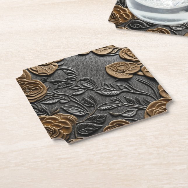 Leather and rose 3d look wedding paper coaster (Angled)
