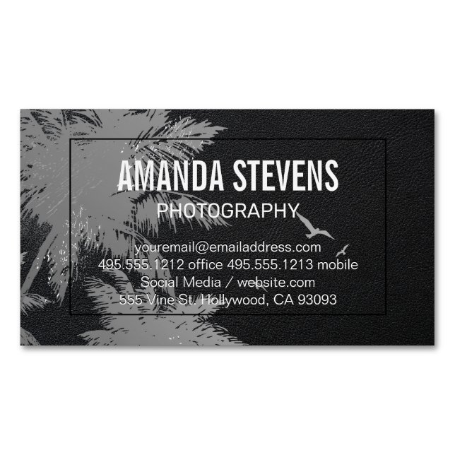 Leather Background | Tropical Trees and Birds Magnetic Business Card (Front)