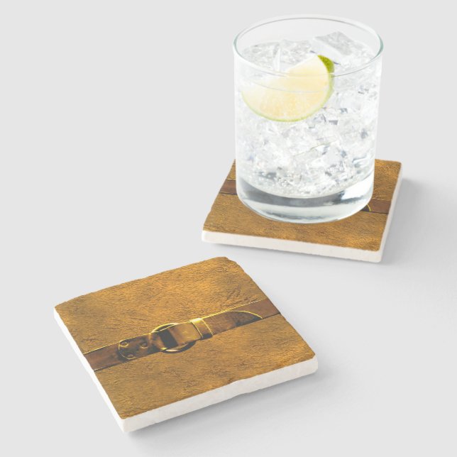 Leather & Belt Golden Tone Marble Stone Coaster (Side)