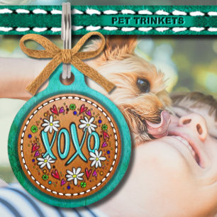 Leather Blue XOXO Hugs and Kisses Hearts Daisies Pet Tag
