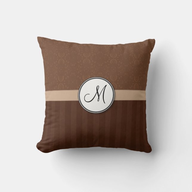 Leather Brown Damask with Stripes and Monogram Cushion (Front)
