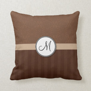 Leather Brown Damask with Stripes and Monogram Cushion