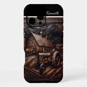 Leather Carved Tractor Scene iPhone 16 Pro Max Case