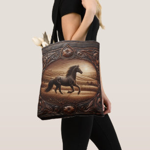 Leather Carving of a Running Horse Tote Bag