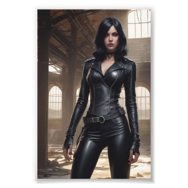 Leather-Clad Goth Babe Posing Abandoned Warehouse Photo Print (Front)