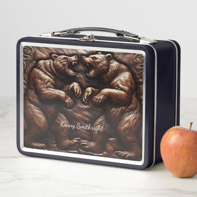 Leather-Engraved Grizzly: Wild Power Metal Lunch Box (In Situ)