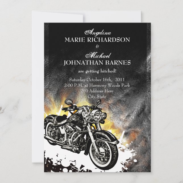 Leather & Flames Offbeat Biker Wedding Invitation (Front)