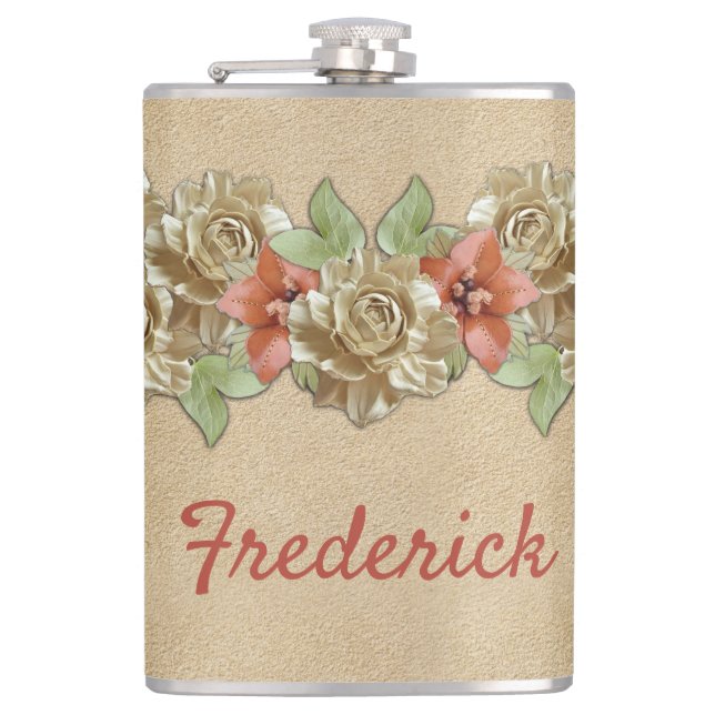 Leather Flowers on Cream Suede Hip Flask (Front)