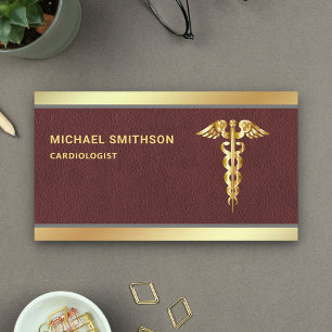 Leather Gold Caduceus Symbol Medical Professional Business Card
