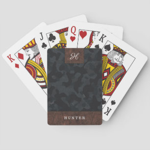Leather & Grey Camouflage Pattern Name & Monogram Playing Cards