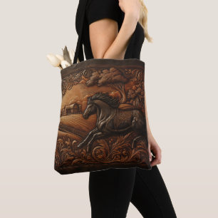 Leather Horse Ranch Scene Tote Bag