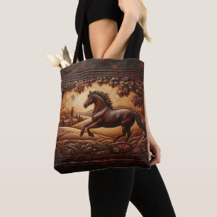 Leather Horse Ranch Scene Tote Bag