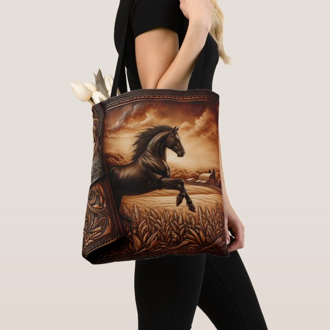 Leather Horse Ranch Sunset Tote Bag (Close Up)