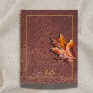 Leather-Look Gold Frame Red Autumn Leaf Notebook
