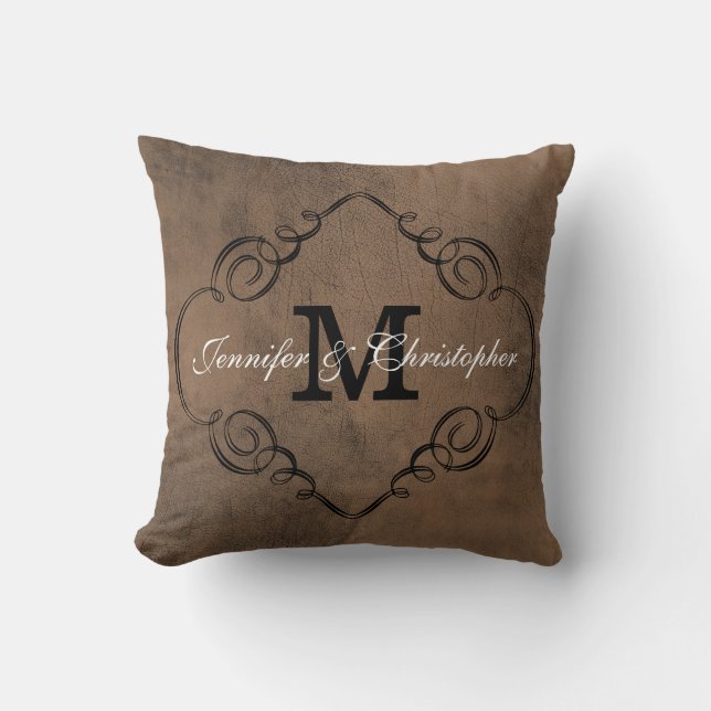 Leather Look Monogram Wedding Keepsake Reversible Cushion (Front)