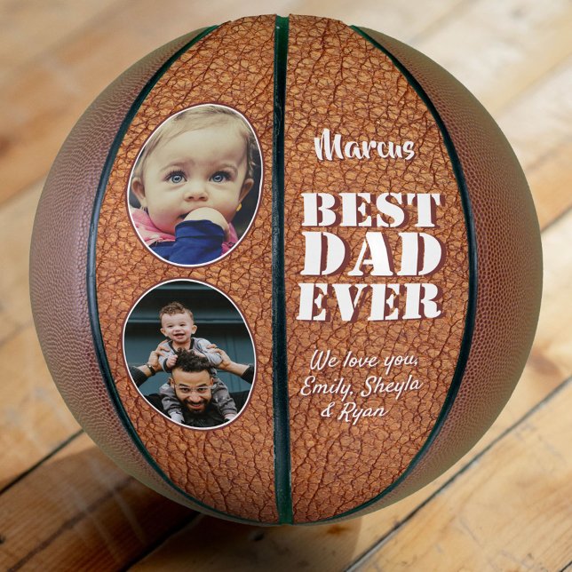 Leather Print Best Dad Ever 2 Photo Collage Basketball (Creator Uploaded)