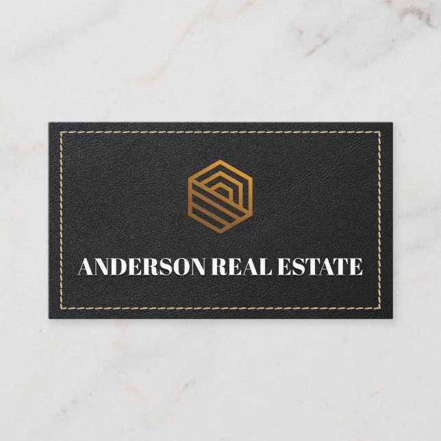 Leather Stitched | Gold Real Estate Logo  Business Card (Front)