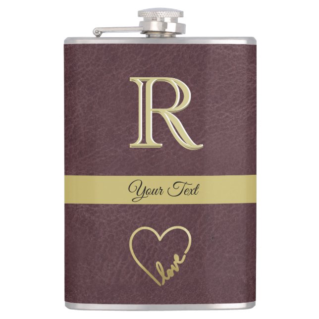Leather Texture Custom Monogram with Love  Flask (Front)