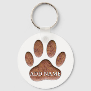 Leather Texture Dog Paw Print Custom Name Key Ring