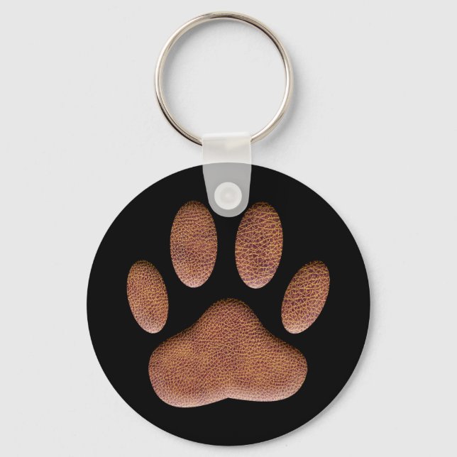Leather Texture Dog Paw Print On Black Keychain (Front)
