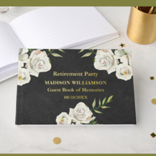 Leather Texture Floral Retirement Party Gold Foil  Guest Book