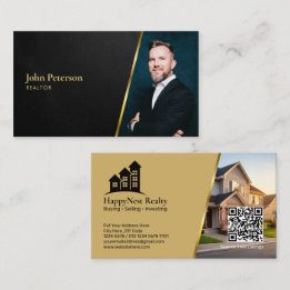 Leather Texture Real Estate Photo & QR Code Black Business Card