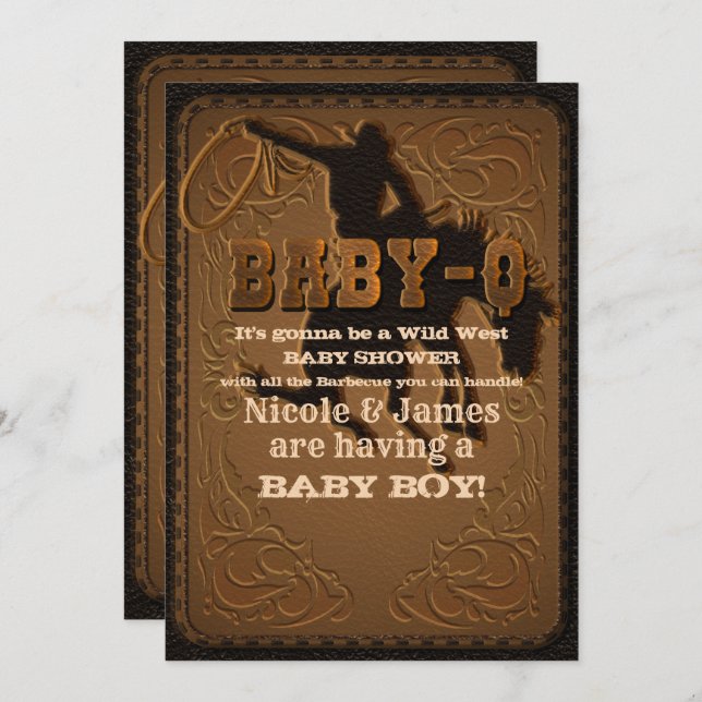 Leather Western Wild West Cowboy BABY-Q SHOWER BBQ Invitation (Front/Back)
