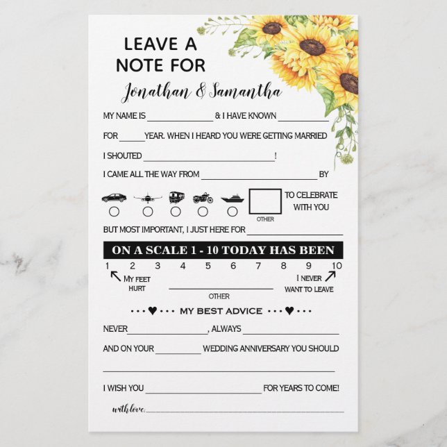 Leave a Note for Newlyweds Sunflowers Game Card (Front)