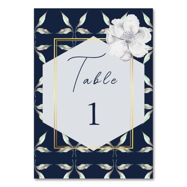 leave Pattern And Frame Navy Blue Floral Wedding  Table Number (Front)