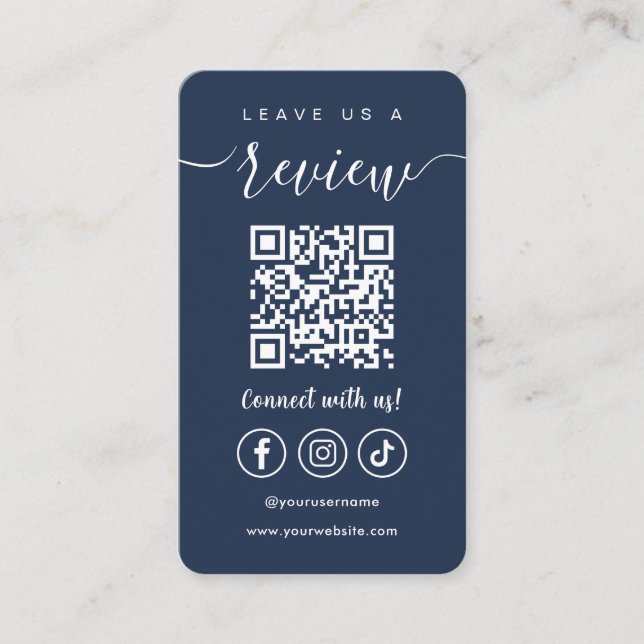 Leave Us A Review Qr Code Social Media Navy Blue Business Card (Front)