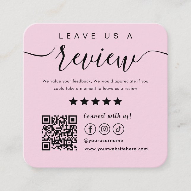 Leave Us A Review Social Media Qr Code Logo Pink Square Business Card (Front)