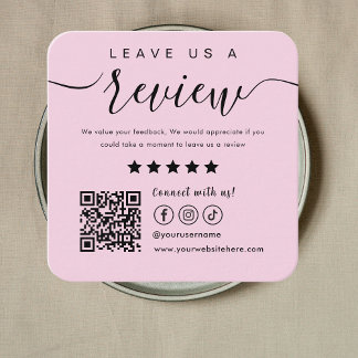 Leave Us A Review Social Media Qr Code Logo Pink Square Business Card