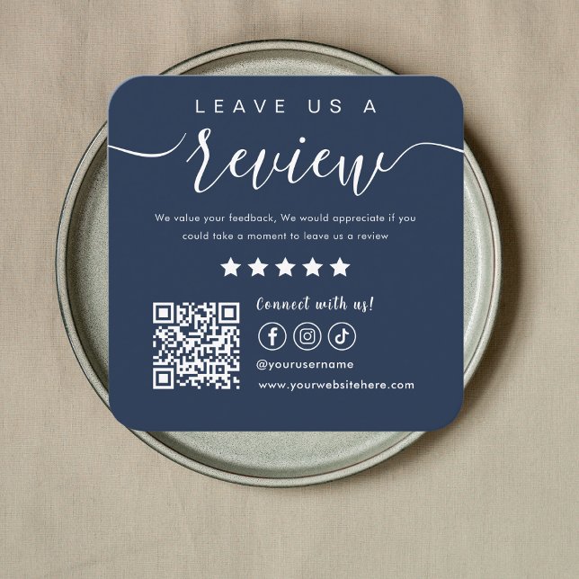 Leave Us A Review Social Media Qr Code Navy Blue Square Business Card (Creator Uploaded)