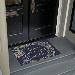 Leave Your Cares Outside Foliage Navy Doormat