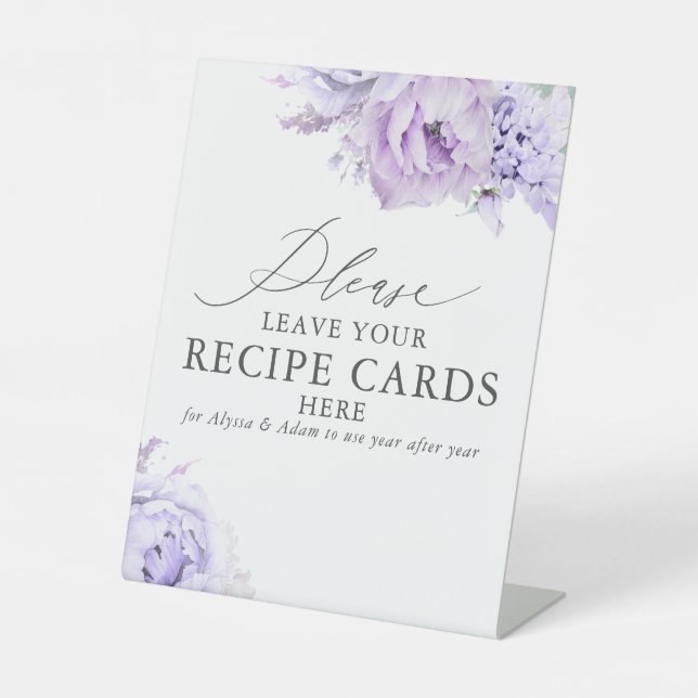 Leave Your Recipe Cards Here -Dusty Purple Floral Pedestal Sign (Front)