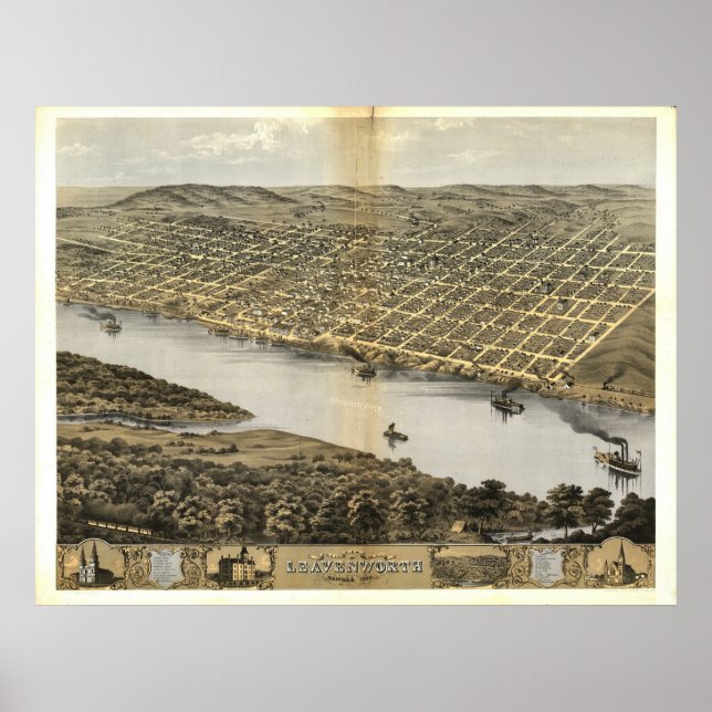 Leavenworth Kansas 1869 Antique Panoramic Map Poster (Front)