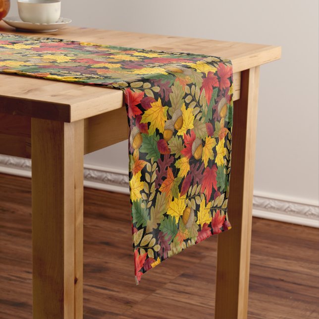 Leaves Acorns Fall Watercolor Cloth Table Runner (In Situ)