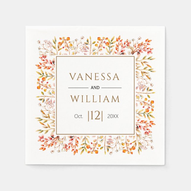 Leaves and berries brown fall wedding napkin (Front)