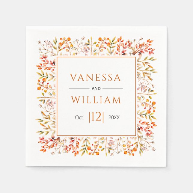 Leaves and berries burnt orange fall wedding napkin (Front)