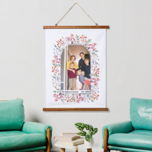 Leaves and berries dusty blue arch family photo hanging tapestry