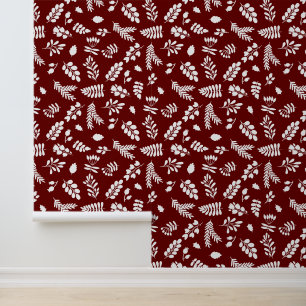 Leaves and Berries Pattern - Cranberry   White Wallpaper