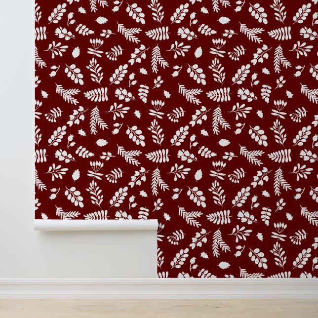 Leaves and Berries Pattern - Cranberry | White Wallpaper (Application)