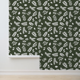 Leaves and Berries Pattern - Dk Green White Wallpaper