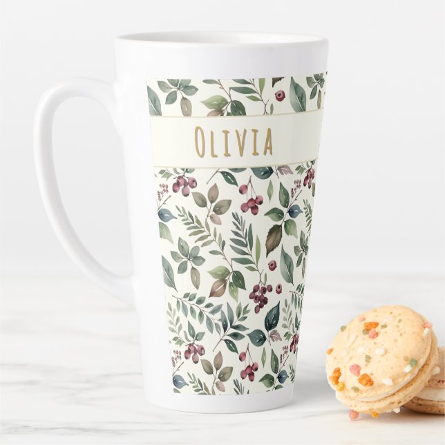 Leaves and Berries Rustic Winter Personalised Latte Mug (In Situ)