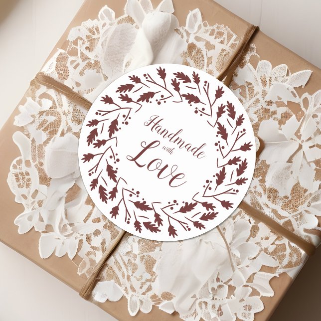 Leaves and Branches in Brown Handmade Desing Classic Round Sticker (Brown Leaves & Branches Wreath Handmade with Love Quote Design for Crafters Round Stickers. )