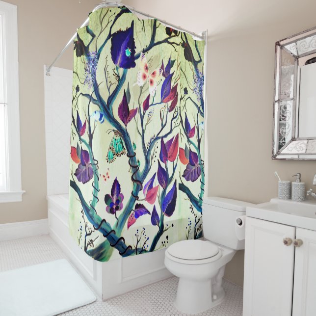 Leaves and butterflies painting shower curtain (In Situ)