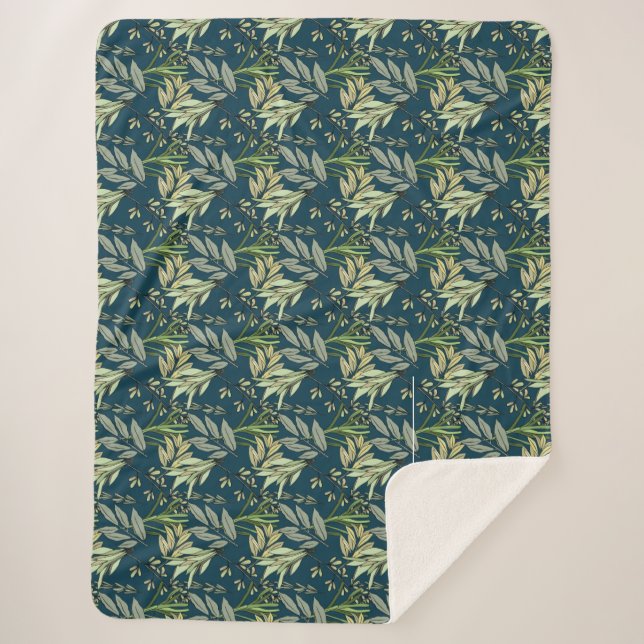 Leaves and Flowers Blue Background Sherpa Blanket (Front)